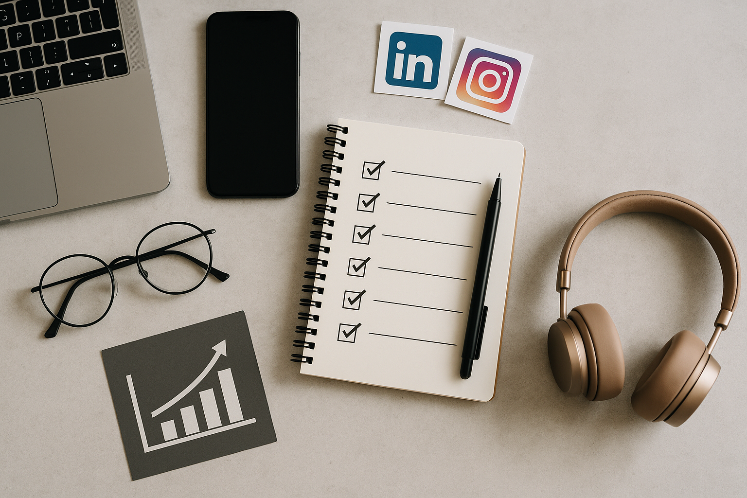 diverse tools zoalsnotebook, koptelefoon, telefoon en bril