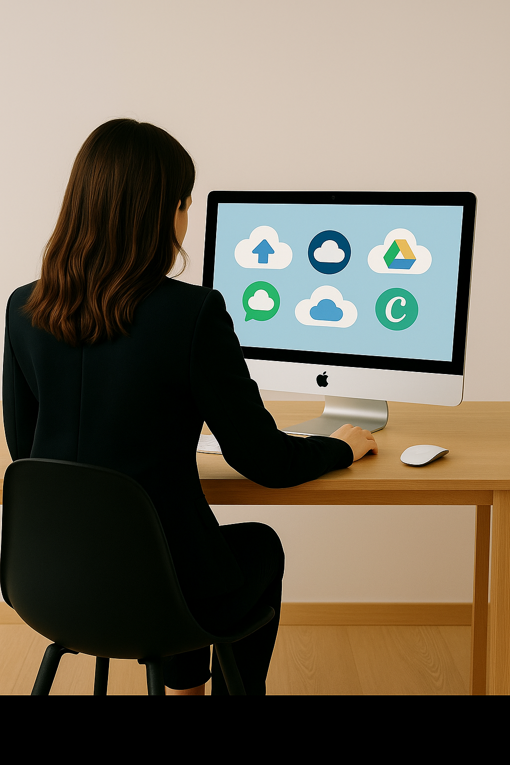 vrouw achter iMac met allerlei programma's aan het werk